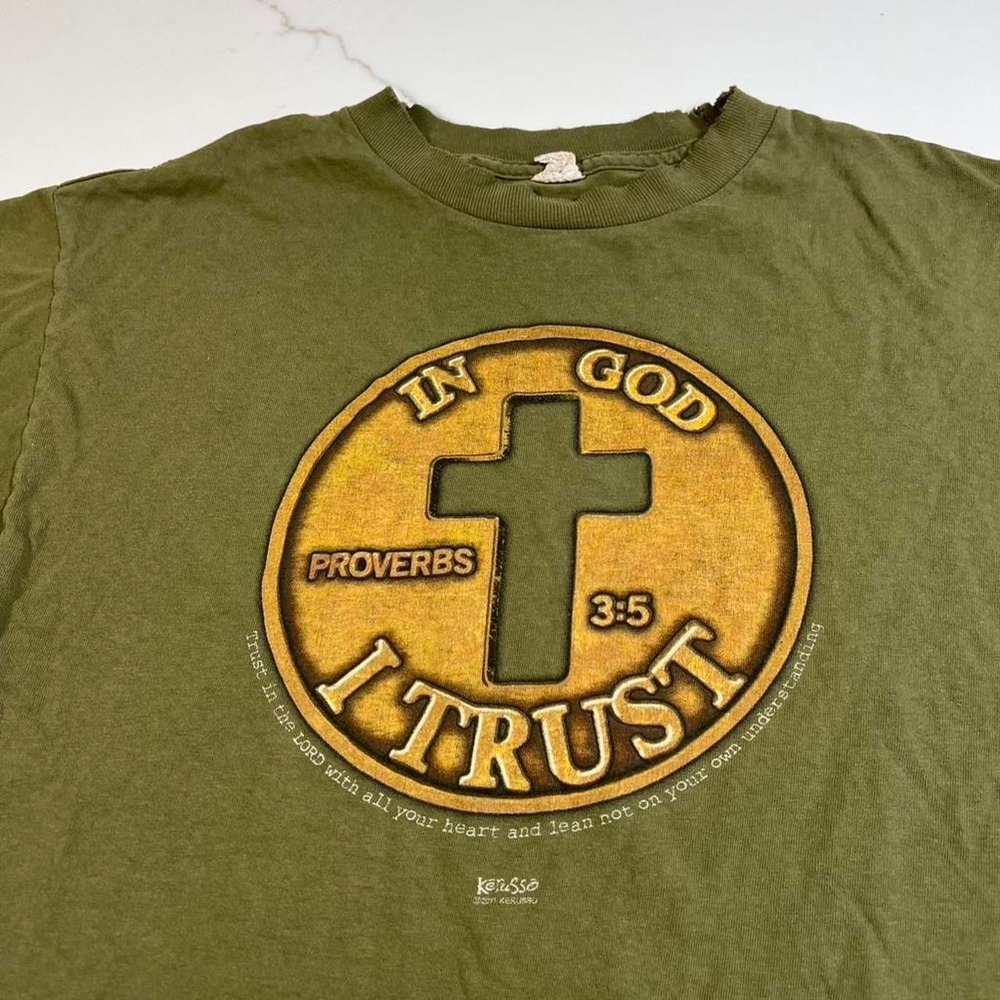 Kerusso T Shirt Mens Olive Green In God I Trust Proverbs 3:5 Distressed Tee